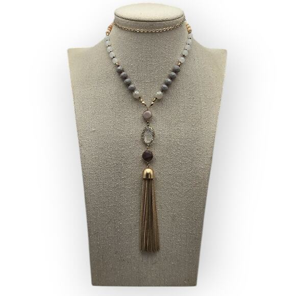 Loft Beaded Tassel Necklace Gold Gray Beads Statement Jewelry - Picture 1 of 8